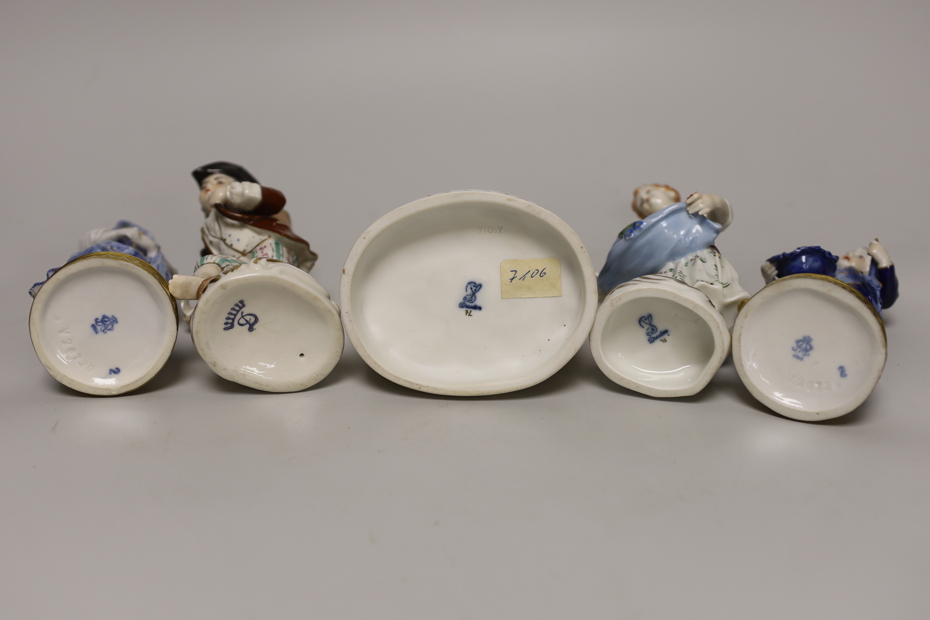 Five small German porcelain figures, tallest 15cm